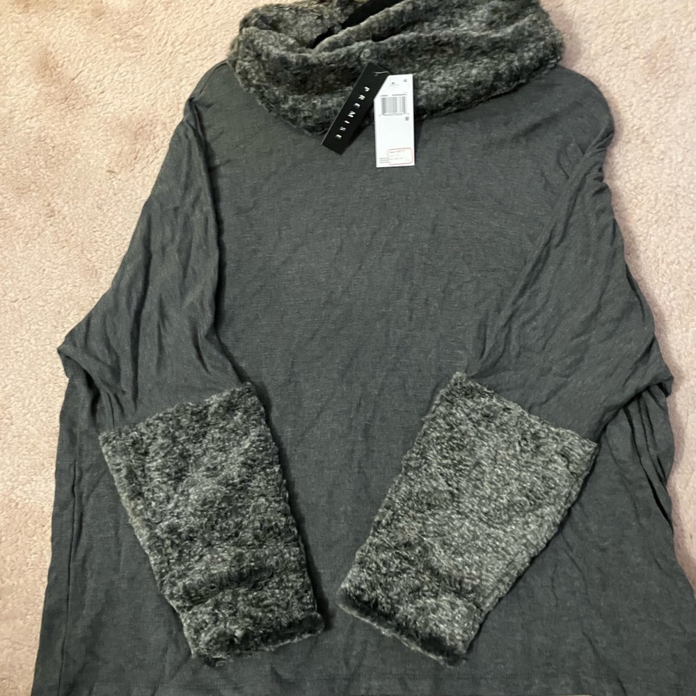 Premise Gray Cozy Funnel Neck Sweater with Contrast Cuffs